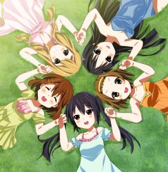  5girls akiyama_mio armpits bare_shoulders black_eyes black_hair blonde_hair blouse blue_eyes blush brown_eyes brown_hair circle_formation closed_eyes collarbone commentary_request dress grass grin hair_ornament hairband hairpin hirasawa_yui holding_hands k-on! kotobuki_tsumugi long_hair lying multiple_girls nakano_azusa on_back open_mouth round_teeth shirt short_hair sleeveless smile tainaka_ritsu teeth twintails yamori_(stom) 