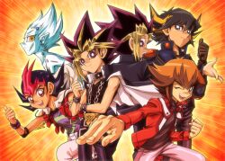  5boys astral_(yu-gi-oh!) chains commentary_request dual_persona fudo_yusei gloves millennium_puzzle multicolored_hair multiple_boys muto_yugi one_eye_closed photoshop_(medium) raku_(howdy) smile thumbs_up tsukumo_yuma yami_yugi yu-gi-oh! yu-gi-oh!_5d&#039;s yu-gi-oh!_duel_monsters yu-gi-oh!_gx yu-gi-oh!_zexal yuki_judai 