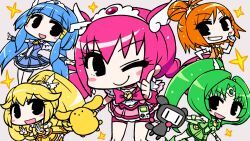  5girls :d aoki_reika blonde_hair blue_hair blue_skirt blush_stickers bow chan_co chibi choker commentary_request cure_beauty cure_happy cure_march cure_peace cure_sunny eyelashes game_boy game_boy_(original) green_choker green_hair green_skirt grin hair_flaps handheld_game_console hino_akane_(smile_precure!) hoshizora_miyuki magical_girl midorikawa_nao multiple_girls one_eye_closed open_mouth orange_hair pink_bow pink_choker pink_hair pink_skirt precure shorts shorts_under_skirt skirt smile smile_precure v wide_ponytail wooser_(character) yayoi_kise 