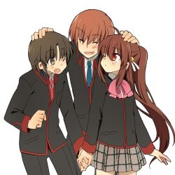  2boys bad_id bad_pixiv_id bow brown_eyes brown_hair closed_eyes female holding_hands little_busters! little_busters!_school_uniform long_hair multiple_boys naoe_riki natsume_kyousuke natsume_rin one_eye_closed pink_bow ponytail red_eyes school_uniform shacttainw short_hair 