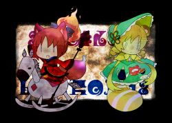  0_0 2girls :&lt; animal_ears blonde_hair bonnet candeloro commentary_request cup dog_ears dog_tail dress drill_hair fiery_hair fire kemonomimi_mode madoka_runes mahou_shoujo_madoka_magica mahou_shoujo_madoka_magica_(anime) multiple_girls nori_senbei oerba_yun_fang ophelia_(madoka_magica) polearm ponytail raccoon_ears raccoon_tail red_hair rocking_horse sakura_kyoko saucer sleeves_past_wrists spear spoilers tail teacup teapot tomoe_mami twin_drills twintails weapon 