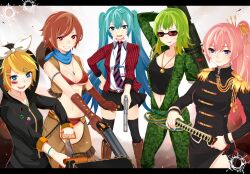  5girls :q ammunition_belt aqua_eyes aqua_hair badge bandaid bikini bikini_top_only blazer blonde_hair blue_eyes blue_scarf boots bracelet brown_eyes brown_hair bullet_hole button_badge chainsaw commentary_request crop_top crotchless crotchless_pants earbuds earphones elbow_gloves epaulettes gloves green_hair grin gumi gun hair_ornament hair_ribbon hairclip hand_on_own_hip handgun hat hatsune_miku highres hood hoodie jacket jewelry kagamine_rin knee_boots letterboxed long_hair megurine_luka meiko_(vocaloid) midriff multiple_girls nail_polish navel necklace necktie nuko_(mikupantu) pants pink_hair pinstripe_pattern ponytail ribbon scarf short_hair shotgun shotgun_shell skirt smile striped sunglasses swimsuit sword thighhighs tongue tongue_out twintails very_long_hair vocaloid weapon 