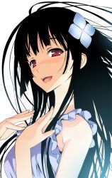  black_hair commentary_request female flower hair_ornament hydrangea nyoro_(nyoronyoro000) photoshop_(medium) red_eyes sanka_rea sankarea smile solo 