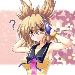  ? armpits arms_up brown_eyes brown_hair commentary_request earmuffs female flower hands_on_headphones open_mouth osashin_(osada) shirt sleeveless sleeveless_shirt solo touhou toyosatomimi_no_miko upper_body 