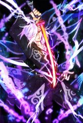  1boy chains commentary_request grin lightning male_focus pants photoshop_(medium) purple_background smile solo sword tales_of_(series) tales_of_xillia usagineko weapon white_hair wingul_(tales) yellow_eyes 