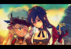  2girls antlers bell blonde_hair blue_eyes blush breasts brown_hair choker christmas cleavage commentary_request dark-skinned_female dark_skin flower fur_trim gift gloves granblue_fantasy hair_between_eyes hair_flower hair_ornament hand_on_another&#039;s_shoulder hat head_wreath horns io_(granblue_fantasy) large_breasts letterboxed long_hair looking_at_another multiple_girls neck_bell official_alternate_costume one_eye_closed purple_eyes reindeer_antlers rose rosetta_(granblue_fantasy) rosetta_(holiday)_(granblue_fantasy) smile takishima_asaka tan twintails 