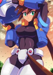  2018 absurdres aile_(mega_man_zx) alternate_breast_size bodystocking breasts brown_hair cloud commentary_request cowboy_shot cropped_jacket female gloves green_eyes helmet highres jacket large_breasts long_hair mega_man_(series) mega_man_zx mega_man_zx_advent model_x_(mega_man) ponytail removing_helmet shoutaro_saito signature skin_tight solo spandex sweat taut_clothes very_long_hair 