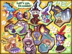  3girls @_@ alternate_color alternate_hair_color blue_hair bow brown_hair burrowing_snagret chains closed_eyes clover commentary_request cosplay crossover dress drill fire fish flower food frills fruit ghost grass green_eyes grey_hair hat hat_bow highres hinanawi_tenshi horns ibuki_suika leaf multiple_girls mushroom mystia_lorelei mystia_lorelei_(cosplay) nagae_iku o_o oarfish orange_eyes orange_hair parody peach pikmin_(series) pointing pote_(ptkan) pun purple_hair red_eyes shoes tears touhou translated yellow_eyes 