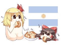  2girls argentina argentinian_flag bad_id bad_pixiv_id blonde_hair blush_stickers bow bowl brown_eyes brown_hair eating empanada food full_body hair_ribbon hair_tubes hairbow hakurei_reimu multiple_girls parody prehensile_hair red_eyes ribbon rumia seiza shin&#039;ya_(mystic-soramame) short_hair simple_background sitting style_parody touhou translated white_background yukkuri_shiteitte_ne 