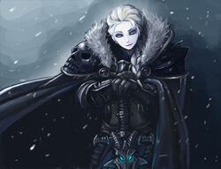  armor arthas_menethil arthas_menethil_(cosplay) blonde_hair blue_eyes commentary_request cosplay elsa_(frozen) female frostmourne frozen_(disney) kimbbq photoshop_(medium) power_connection solo sword warcraft weapon 