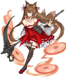  animal_ear_fluff animal_ears blue_eyes breast_tattoo breasts brown_hair caleen_keemosn cleavage closed_mouth detached_sleeves dress female fox_ears fox_girl fox_tail full_body garter_straps hair_ribbon highres holding holding_scythe holding_weapon japanese_clothes long_hair looking_at_viewer miko multiple_tails red_footwear ribbon ribbon_trim samuraig scythe simple_background smile solo star_ocean star_ocean_anamnesis tail tattoo twintails weapon white_background 