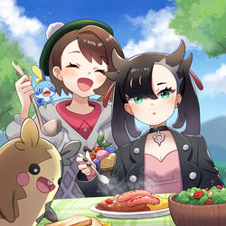  2girls :d :o ^_^ asymmetrical_bangs berry_(pokemon) black_choker black_hair black_jacket black_nails blush bob_cut bowl bread bread_slice brown_hair chesto_berry chinese_commentary choker closed_eyes cloud cloudy_sky coat commentary_request curry day dress earrings food gloria_(pokemon) green_headwear grey_coat hair_between_eyes hair_ribbon hat holding holding_spoon jacket jewelry ladle leppa_berry long_hair long_sleeves marnie_(pokemon) morpeko morpeko_(full) multiple_girls nail_polish oerba_yun_fang on_shoulder open_clothes open_jacket open_mouth oran_berry outdoors parted_lips photoshop_(medium) pink_dress plate pokemon pokemon_(creature) pokemon_on_shoulder pokemon_swsh qi&#039;e_(penguin) red_ribbon ribbon salad sausage short_hair short_twintails single_earring sitrus_berry sky smile sobble spoon swept_bangs table tam_o&#039;_shanter toast tomato tree twintails upper_body 