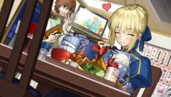  1boy ahoge armor armored_dress artoria_pendragon_(fate) black_eyes blonde_hair blue_bow blue_dress blue_ribbon blurry blurry_foreground blush bow bowl bowl_stack brown_hair ceiling_light chair chicken_nuggets chopsticks closed_eyes closed_mouth dress eating fate/extella fate/extra fate_(series) female flying_sweatdrops food food_on_face fried_food fruit game_cg gauntlets glass glutton hair_ribbon hairbow happy heart highres holding holding_bowl holding_chopsticks holding_wallet kishinami_hakuno_(male) lemon lemon_slice long_sleeves looking_at_another nervous_smile non-web_source official_art photoshop_(medium) restaurant ribbon rice rice_on_face room saber_(fate) salad salt_shaker shrimp shrimp_tempura sitting smile soy_sauce standing sweat table television tempura wada_arco wallet water 