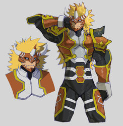  1boy agnimon arm_up armor arms_up bad_id bad_twitter_id bara black_bodysuit blonde_hair blue_eyes bodysuit breastplate closed_eyes cropped_legs digimon digimon_(creature) digimon_frontier fangs fangs_out horns korean_commentary male_focus muscular muscular_male shoulder_armor simple_background skindentation solo thick_thighs thighs tusks uza_(hellme) white_background 