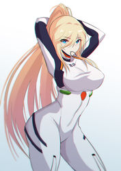  absurdres adjusting_hair arms_behind_head ayanami_rei ayanami_rei_(cosplay) bianka_durandal_ataegina blonde_hair blue_eyes bodysuit breasts bupa_chila chromatic_aberration closed_mouth commentary cosplay female hair_between_eyes hair_tie_in_mouth highres honkai_(series) honkai_impact_3rd in_mouth long_hair looking_at_viewer mouth_hold neon_genesis_evangelion plugsuit simple_background skin_tight smile solo tying_hair very_long_hair white_background white_bodysuit 