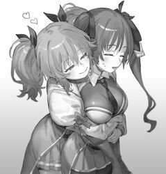  2girls assault_lily belt between_breasts blurry breasts closed_eyes closed_mouth collared_shirt commentary cowboy_shot depth_of_field elbow_gloves from_side gloves gradient_background grey_background greyscale hair_between_eyes hair_ribbon half-closed_eyes heads_together heart highres hishida_haru hug hug_from_behind juliet_sleeves light_blush long_hair long_sleeves looking_at_another lower_teeth_only medium_breasts medium_hair miniskirt monochrome multiple_girls necktie necktie_between_breasts odaiba_girls_high_school_uniform pantyhose parted_lips pleated_skirt puffy_sleeves ribbon school_uniform shirt short_twintails skirt sleeve_bow smile standing suzuki_chinami sweatdrop teeth tori_udon twintails waist_cape white_background yuri 