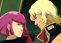  1boy artist_request blonde_hair char_aznable female gloves gundam haman_karn highres pink_hair quattro_bajeena zeta_gundam 