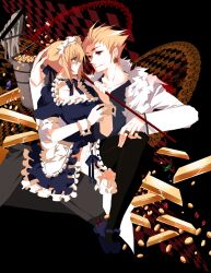  1boy apron artoria_pendragon_(fate) bad_id bad_pixiv_id black_thighhighs blonde_hair carnival_phantasm fate/stay_night fate_(series) female gilgamesh_(fate) gold_bar green_eyes maid maid_headdress mono_(freerotary) mop official_alternate_costume photoshop_(medium) red_eyes saber_(fate) thighhighs 