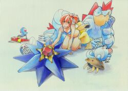  armor bad_id bad_pixiv_id barefoot bikini blue_bikini feraligatr gen_1_pokemon gen_2_pokemon grin hair_ornament helmet japanese_armor kabuto kasumi_(pokemon) kneeling leaning_forward lying magikarp marill orange_eyes orange_hair pokemon pokemon_(creature) pokemon_(game) pokemon_frlg poliwag psyduck short_hair side_ponytail simple_background smile starmie swimsuit tentacool traditional_media uyama_hajime white_background 