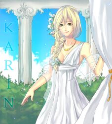  architecture bad_id bad_pixiv_id blonde_hair braid breasts bush character_name cleavage cloud column curtains day dress duck3122 eyeshield_21 female flower greco-roman_architecture green_eyes hair_flower hair_ornament jewelry koizumi_karin lipstick long_hair makeup medium_breasts necklace photoshop_(medium) pillar sky smile solo white_dress 