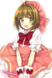  :d bad_id bad_pixiv_id blush brown_hair cardcaptor_sakura commentary_request dress female fuuin_no_tsue glove_bow gloves green_eyes hat kinomoto_sakura kinomoto_sakura_(magic_dream_costume) magical_girl midorikawa_you open_mouth pink_hat short_hair smile solo twintails wand white_gloves 