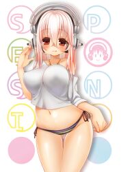  :q bikini bikini_bottom_only blush breasts commentary_request dated_commentary female headphones inuue_kiyu large_breasts licking_lips long_hair looking_at_viewer naughty_face navel nitroplus pink_hair red_eyes smile solo super_sonico swimsuit tongue tongue_out 