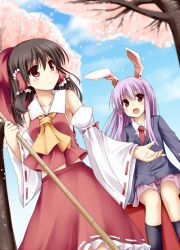  2girls :o animal_ears ascot bamboo_broom bare_shoulders black_legwear blazer blue_sky blurry blush bow breasts broom brown_hair cherry_blossoms cleaning cloud collarbone commentary_request day depth_of_field detached_sleeves dutch_angle flat_chest frills hair_tubes hairbow hakurei_reimu hisae_(hisae_collect) jacket long_hair looking_up medium_breasts midriff multiple_girls necktie open_mouth petals pleated_skirt purple_hair rabbit_ears red_eyes red_necktie reisen_udongein_inaba sitting skirt skirt_set sky socks touhou tree wide_sleeves 