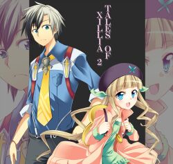  1boy blue_eyes brown_hair coat copyright_name dress elle_mel_martha female hat highres jewelry long_hair ludger_will_kresnik multicolored_hair necklace necktie open_mouth pants short_hair tales_of_(series) tales_of_xillia tales_of_xillia_2 title_drop twintails 