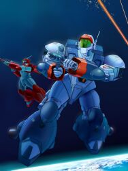  1980s_(style) commentary_request earth_(planet) energy_beam ginga_hyouryuu_vifam gun in_orbit inui_(jt1116) mecha neofam no_humans planet retro_artstyle rifle robot science_fiction space vifam weapon zero_gravity 