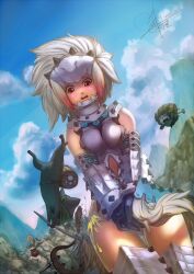  armor barioth_(armor) barrel bely capcom covering felyne melynx monster_hunter pickaxe tagme white_hair 