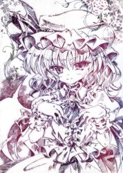  commentary_request female fingernails hat light_smile long_fingernails meguri_uguisu millipen_(medium) mixed_media monochrome nib_pen_(medium) remilia_scarlet short_hair solo touhou traditional_media upper_body wrist_cuffs 