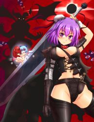  2girls alternate_costume arm_up bad_id bad_pixiv_id bandages behelit berserk bodice breasts bun_cover cape cirno cleavage cosplay demon double_bun dragonslayer_(sword) eclipse gap_(touhou) gauntlets groin guts_(berserk) guts_(berserk)_(cosplay) hair_bun horn_ornament horn_ribbon horns huge_weapon ibaraki_kasen ibuki_suika large_breasts mini_person minigirl multiple_girls navel nude prosthesis puck_(berserk) purple_eyes purple_hair ribbon solar_eclipse sumapan sword touhou weapon zodd_(berserk) zodd_(berserk)_(cosplay) 