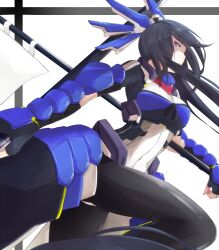  armor back-seamed_legwear bad_id bad_pixiv_id black_hair bodysuit breasts commentary_request female flag honda_futayo kyoukaisenjou_no_horizon l_tasuku large_breasts long_hair pantyhose polearm ponytail purple_eyes seamed_legwear solo spear vambraces weapon 