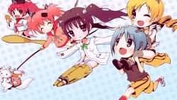  5girls :3 akemi_homura alternate_hairstyle araragi_karen araragi_karen_(cosplay) backpack bad_id bad_pixiv_id bag bakemonogatari binchou-tan binchou-tan_(character) blonde_hair blue_eyes blue_hair captain_of_the_royal_guard_elina carrying chibi closed_eyes cosplay drill_hair elina_(queen&#039;s_blade) elina_(queen&#039;s_blade)_(cosplay) food francesca_lucchini francesca_lucchini_(cosplay) gym_shorts hachikuji_mayoi hachikuji_mayoi_(cosplay) highres hood hooded_track_jacket hyakka_ryouran_samurai_girls jacket kaname_madoka katou_emiri kitamura_eri kyuubee long_hair mahou_shoujo_madoka_magica mahou_shoujo_madoka_magica_(anime) miki_sayaka mizuhashi_kaori monogatari_(series) multiple_girls nonaka_ai oerba_yun_fang one_eye_closed panties parody pink_hair polka_dot polka_dot_background purple_eyes purple_hair queen&#039;s_blade red_eyes red_hair saitou_chiwa sakura_kyoko shorts shoulder_carry strike_witches striker_unit striped_clothes striped_panties taiyaki tomoe_mami track_jacket twintails underwear voice_actor_connection wagashi world_witches_series yagyuu_juubei_(hyakka_ryouran) yagyuu_juubei_(hyakka_ryouran)_(cosplay) yellow_eyes yoshinogai yuuki_aoi 