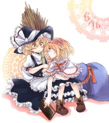  2girls alice_margatroid bamboo_broom blonde_hair blue_eyes blush book broom capelet commentary_request dated hairband hat kirisame_marisa multiple_girls sitting tigern touhou witch_hat yellow_eyes yuri 