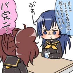  2girls :t blue_eyes blue_hair brown_hair commentary_request k-a-i kujikawa_rise long_hair lowres multiple_girls persona persona_4 persona_x_detective school_uniform shirogane_naoto translated twintails yasogami_school_uniform 