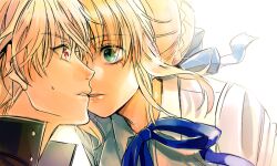  1boy arnoul artoria_pendragon_(fate) bad_id bad_pixiv_id blonde_hair casual close-up eyelashes fate/stay_night fate_(series) female gilgamesh_(fate) gilgamesh_(immoral_biker_jacket)_(fate) green_eyes hair_ribbon kissing kissing_cheek lips official_alternate_costume photoshop_(medium) red_eyes ribbon saber_(fate) straight 