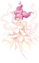  arm_up back_bow big_hair bishoujo_senshi_sailor_moon bow bracelet chibi_usa closed_eyes commentary_request cone_hair_bun crescent crescent_facial_mark double_bun dress facial_mark female forehead_mark gown hair_bun highres jewelry photoshop_(medium) pink_hair princess shabomu short_hair small_lady_serenity solo standing twintails white_background white_dress white_theme 