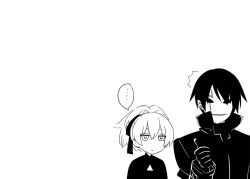  ... 1boy ^^^ commentary_request darker_than_black female greyscale hei_(darker_than_black) kani_biimu mask monochrome simple_background surprised thumbs_up white_background yin_(darker_than_black) 