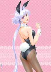  animal_ears ass back-seamed_legwear blue_hair bow bowtie commentary_request detached_collar female from_behind heterochromia lavolpe_(yagisaka_seto) long_hair looking_back original pantyhose playboy_bunny rabbit_ears rabbit_tail seamed_legwear sidelocks signature solo tail wrist_cuffs yagisaka_seto 