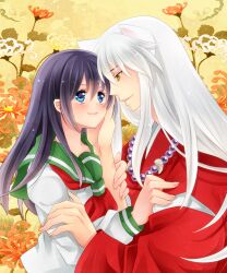  1boy alternate_eye_color animal_ears bad_id bad_pixiv_id black_hair blue_eyes chrysanthemum couple dog_ears eye_contact female flower gem hand_on_another&#039;s_arm hand_on_another&#039;s_face hand_on_another&#039;s_shoulder higurashi_kagome inuyasha inuyasha_(character) japanese_clothes jewelry kuzukiri5 long_hair looking_at_another necklace pearl_(gemstone) red_flower school_uniform serafuku smile straight white_flower white_hair yellow_eyes 