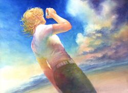  1boy 914kana bad_id bad_pixiv_id barnaby_brooks_jr. belt blonde_hair camera dutch_angle male_focus painting_(medium) pale_color photoshop_(medium) shirt sky solo studded_belt t-shirt tiger_&amp;_bunny traditional_media watercolor_(medium) 