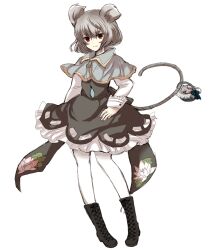  animal_ears bad_id bad_pixiv_id basket boots capelet dress embellished_costume female floral_print full_body grey_hair jewelry light_smile mouse_(animal) mouse_ears mouse_tail nazrin pantyhose pendant red_eyes ribbon shirt short_hair simple_background smile solo tail touhou tsukiori white_background white_pantyhose zipper 