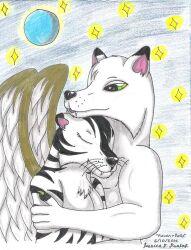  2012 anthro auroradragon93 bella_tigress big_breasts blue_eyes blue_moon breasts canid canine canis claws closed_eyes cuddling dire_wolf domestic_dog eternal extinct fangs feathers felid female fluffy genitals hair heart_symbol hug love male mammal meow moon muscular night nude open_mouth outside pantherine paws prehistoric_species pussy raven_silverlight romantic romantic_ambiance romantic_couple smile star stripes teeth tiger white_hair wings wolf 