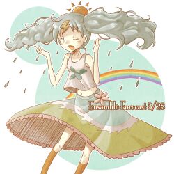  blush_stickers chaki_(chakan) collarbone commentary_request ensamble_forecast_3/28 female flat_chest grey_hair kneehighs lightning_bolt_symbol midriff navel ninon_(pop&#039;n_music) one_eye_closed open_mouth photoshop_(medium) pop&#039;n_music rain rainbow skirt socks solo sun tank_top twintails weather 