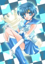  back_bow bishoujo_senshi_sailor_moon blue_choker blue_eyes blue_footwear blue_hair blue_sailor_collar blue_skirt blue_theme boots bow brooch checkered_background chess_piece choker commentary_request earrings elbow_gloves female full_body gloves jewelry knee_boots magical_girl mizuno_ami pleated_skirt queen_(chess) ribbon sailor_collar sailor_mercury sailor_senshi_uniform shirataki_kaiseki short_hair skirt smile solo star_(symbol) starry_background tiara white_gloves 