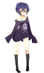  blue_eyes blue_hair blush bra breasts commentary_request cosplay female k-a-i medium_breasts off_shoulder oversized_clothes persona persona_4 shirogane_naoto shirt short_hair skull_and_crossbones sleeves_past_fingers sleeves_past_wrists socks solo underwear 