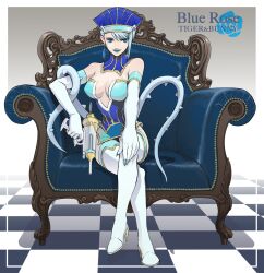  beco blue_eyes blue_hair blue_rose blue_theme boots breasts chair character_name checkered_floor cleavage commentary_request copyright_name crossed_legs crystal_earrings earrings elbow_gloves female gloves gun hat high_heels jewelry karina_lyle large_breasts lipstick makeup photoshop_(medium) shoes sitting solo superhero_costume thigh_boots thighhighs tiger_&amp;_bunny weapon 