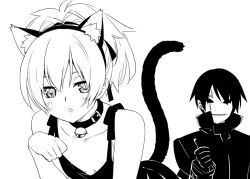  1boy animal_ears bell blush cat_ears cat_tail collar commentary_request darker_than_black female greyscale hei_(darker_than_black) jingle_bell kani_biimu looking_at_viewer mask monochrome neck_bell paw_pose ribbon short_hair simple_background tail thumbs_up white_background yin_(darker_than_black) 