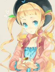  backpack bag blue_eyes brown_hair coat dress elle_mel_martha female frills grey_background hat jewelry long_hair necklace tales_of_(series) tales_of_xillia tales_of_xillia_2 twintails 